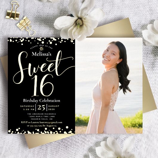 フォトスイート16誕生日モダンブラック実在金ゴールド 箔招待状