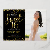 フォトスイート16誕生日モダンブラック実在金ゴールド 箔招待状 (正面)