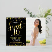 フォトスイート16誕生日モダンブラック実在金ゴールド 箔招待状 (立ち正面)