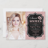 フォトスイート16誕生日-キスバラ金ゴールドブラック 招待状 (正面)