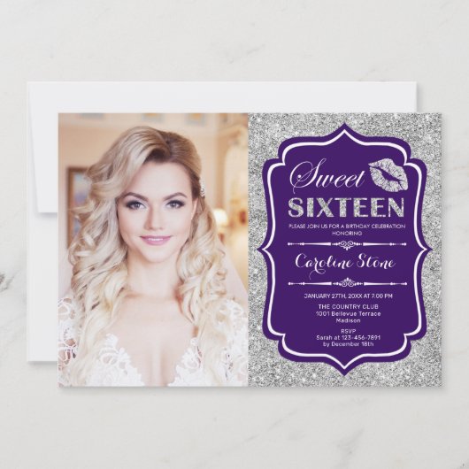 フォトスイート16誕生日-キスパープルシルバー 招待状 (正面)