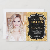 フォトスイート16誕生日-キス金ゴールドブラック 招待状 (正面)