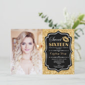 フォトスイート16誕生日-キス金ゴールドブラック 招待状 (スタンド正面)