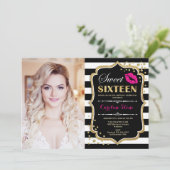 フォトスイート16誕生日 – ピンクキス金ゴールドブラック 招待状 (スタンド正面)