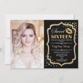 フォトスイート16誕生日-金ゴールドブラックキス 招待状 (正面)