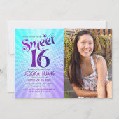 フォトスウィート16グルーヴィーパープルブルーグラデーションレトロ 招待状 (正面)