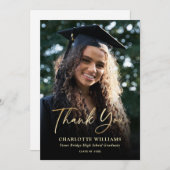 フォトスエレガントクリプトモダンブラック金ゴールドの卒業 サンキューカード (正面/裏面)