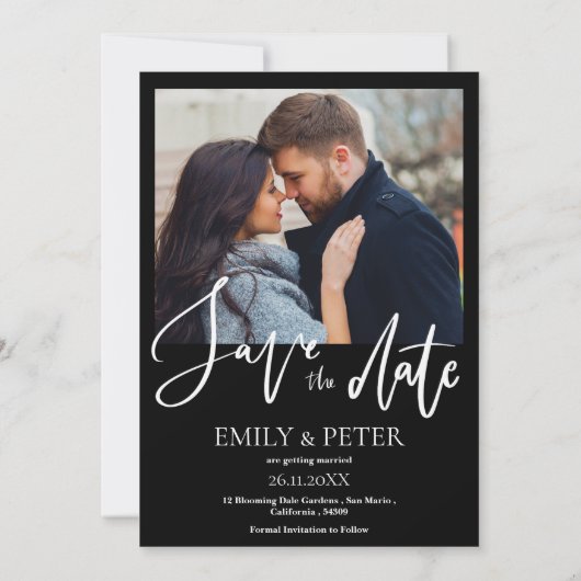 フォトスクリプトエレガントウェディング日付の保存招待状 セーブザデート (裏面)