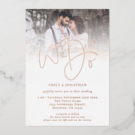 フォトスクリプトオーバーレイ結婚QRコード実在 箔招待状 (正面)