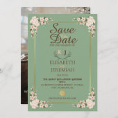 フォトスクリプトホワイトフローラウェディング日付の保存 招待状 (正面/裏面)