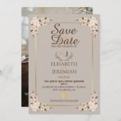 フォトスクリプトホワイトフローラウェディング日付の保存 招待状 (正面/裏面)