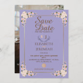 フォトスクリプトホワイトフローラウェディング日付の保存 招待状 (正面/裏面)