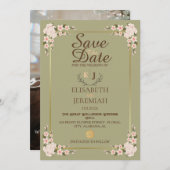 フォトスクリプトホワイトフローラウェディング日付の保存 招待状 (正面/裏面)