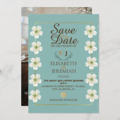 フォトスクリプトホワイトフローラウェディング日付の保存 招待状 (正面/裏面)