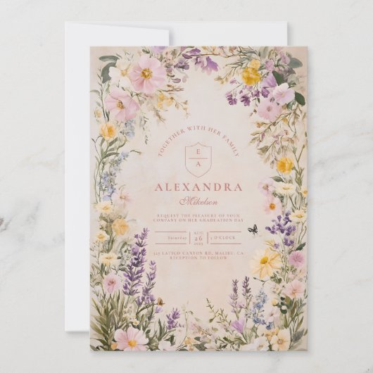 フォトスタイリッシュワイルドフラワー牧草地庭園卒業 招待状 (正面)