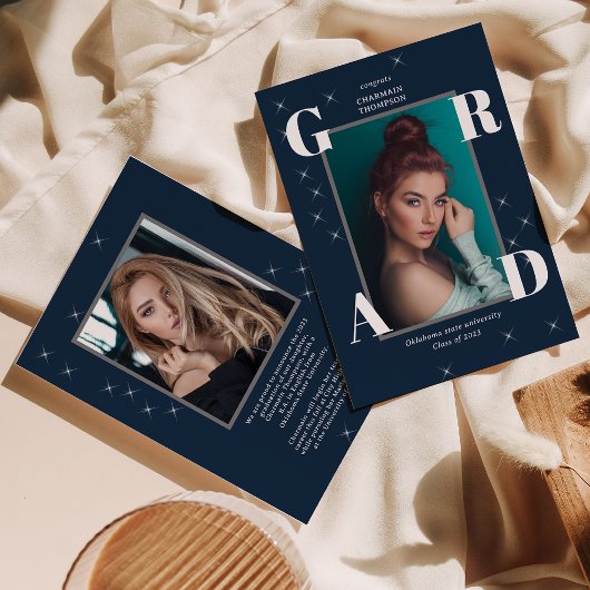 フォトスターきらめくレトロネイビーブルー卒業 案内状