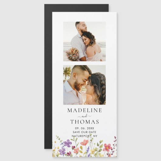 フォトストリップフローラ磁気結婚式の日付を保存 (正面/裏面)