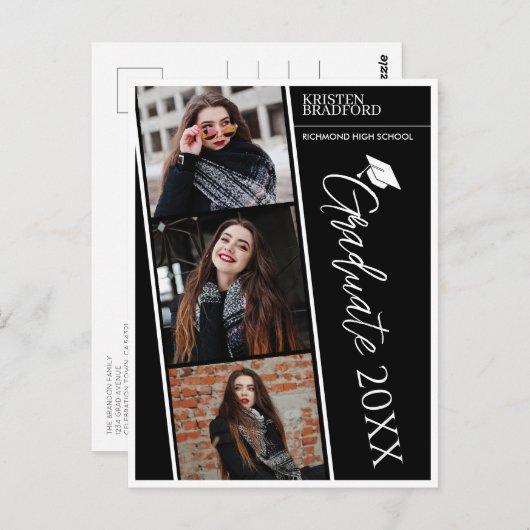 フォトストリップモダンブラック卒業の発表 ポストカード (正面/裏面)