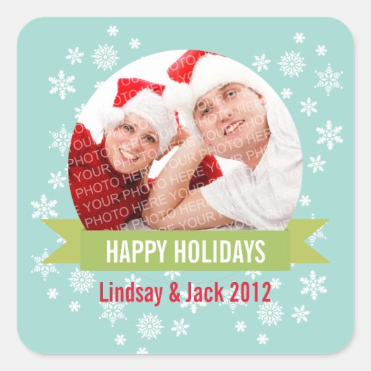 フォトスノーグローブグリーンバナークリスマスステッカー スクエアシール (正面)
