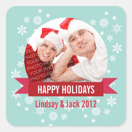 フォトスノーグローブレッドバナーハッピーホリデーズシール スクエアシール (正面)