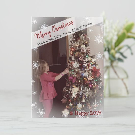 フォトスノーフレークの黒と白のクリスマスを追加 招待状 (スタンド正面)
