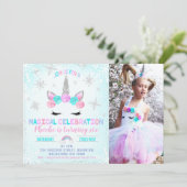 フォトスノーフレークスウィンユニコーン顔誕生日 招待状 (スタンド正面)