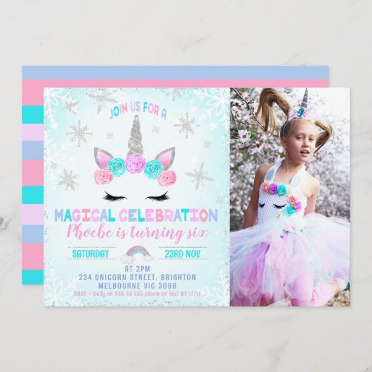 フォトスノーフレークスウィンユニコーン顔誕生日 招待状 (正面/裏面)