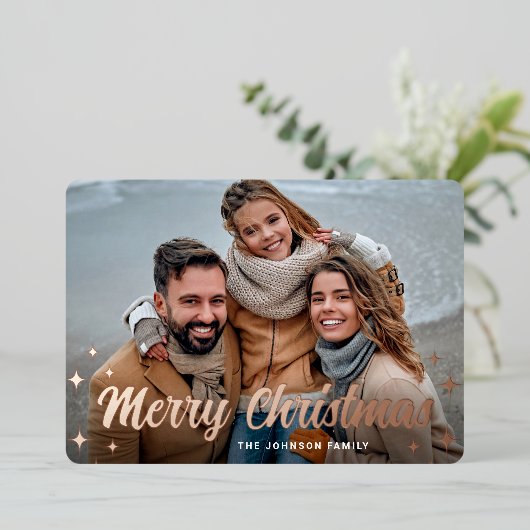 フォトスパークルメリークリスマスグリーティングバラ 箔シーズンカード (立ち正面)