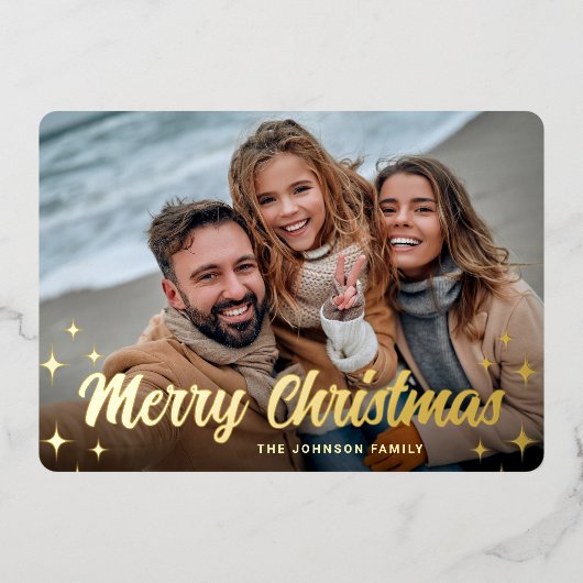 フォトスパークルメリークリスマスグリーティング金ゴールド 箔シーズンカード (正面)