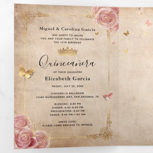 フォトスペインの赤面ピンクローズ金ゴールドキンセアニェラ 三つ折り招待状 (内部最初)