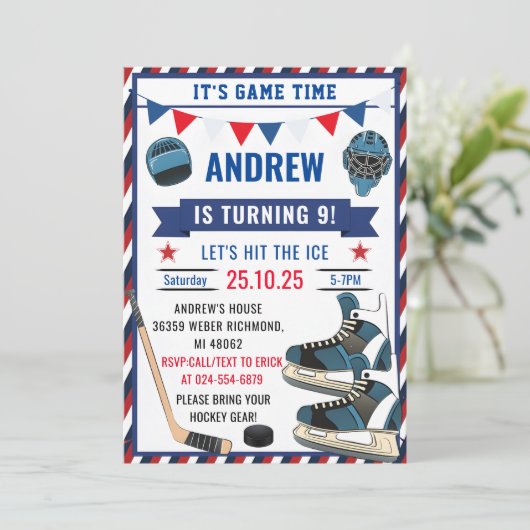 フォトスポーツでアイスホッケー誕生日をパーソナライズ 招待状 (スタンド正面)