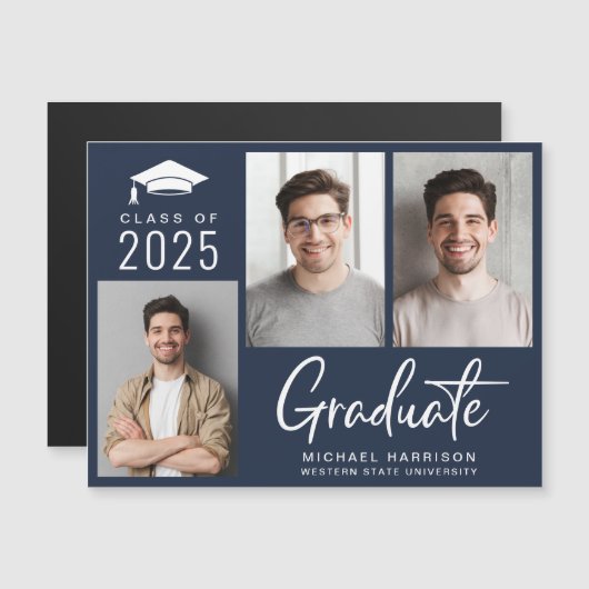 フォトスモダンクリプトはっきりしたブルー卒業 マグネット招待状 (正面/裏面)