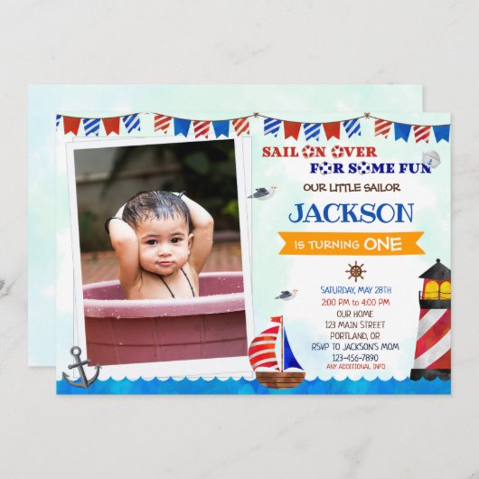 フォトセーラー誕生日の招待ボーイ1歳の誕生日 招待状 (正面/裏面)