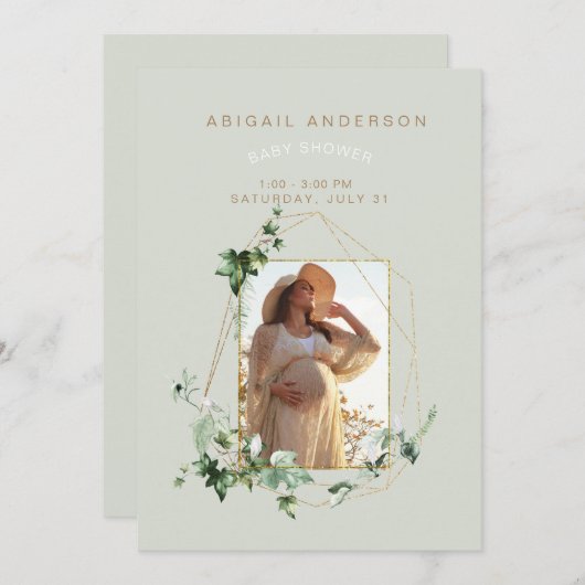 フォトソフトミント葉ベビーシャワー招待状 招待状 (正面/裏面)