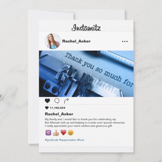 フォトソーシャルメディアバルミツワーまたはバー（ユダヤ教の）バル・ミツバー サンキューカード (正面)