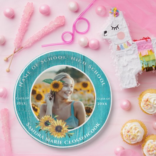フォトターコイズひまわり黄色の卒業 ペーパープレート (パーティー)