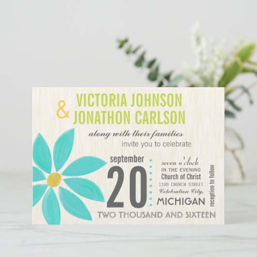 フォトターコイズ様式化デイジー結婚式招待状 招待状 (スタンド正面)