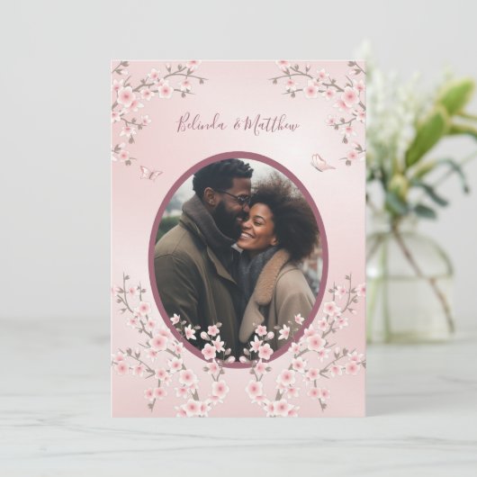 フォトダスティピンクさくらんぼ結婚の花 招待状 (スタンド正面)