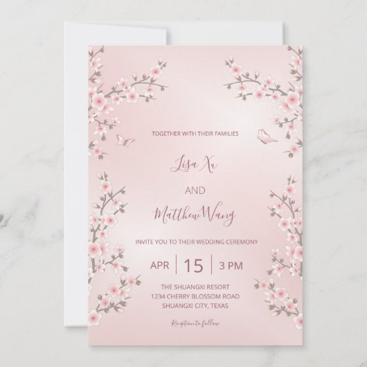 フォトダスティピンクさくらんぼ結婚の花 招待状 (裏面)