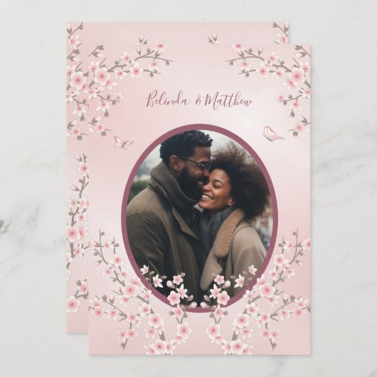 フォトダスティピンクさくらんぼ結婚の花 招待状 (正面/裏面)