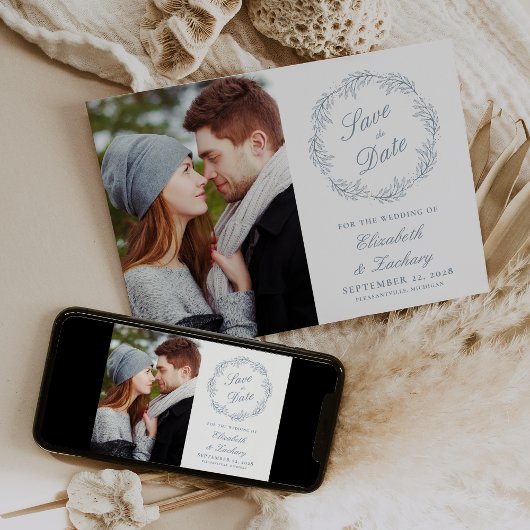 フォトダスティブルーボタニカルリース日付を保存 招待状