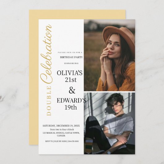 フォトダブルお祝い誕生日パーティー 招待状 (正面/裏面)