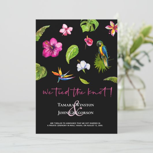 フォトダークトロピカルタイドノットたった今結婚しました 招待状 (スタンド正面)