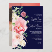 フォトダークネイビー赤面ピンクフローラスクリプスタイリッシュト 招待状 (正面/裏面)