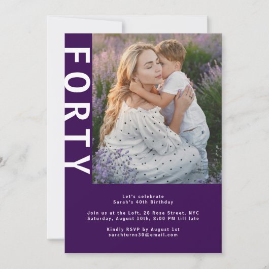 フォトダークモダンパープル40歳の誕生日招待状 招待状 (正面)