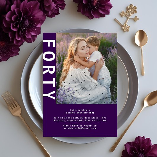 フォトダークモダンパープル40歳の誕生日招待状 招待状