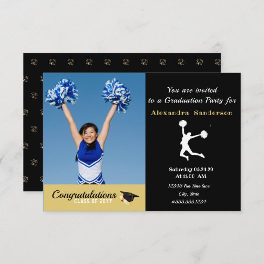 フォトチアリーダー黒金ゴールド卒業パーティー サンキューカード (正面/裏面)