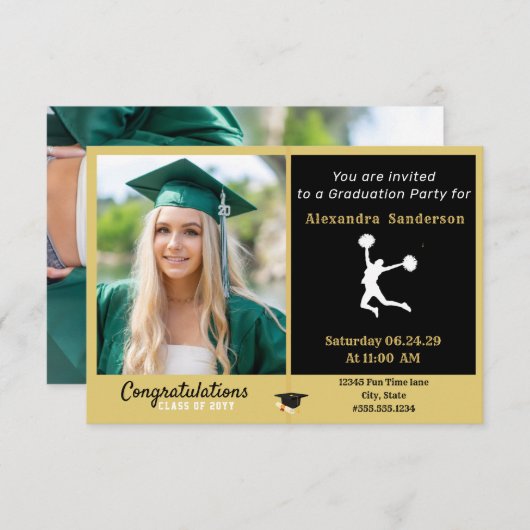 フォトチアリーダー黒金ゴールド卒業パーティー 招待状 (正面/裏面)