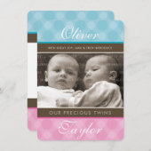 フォトツインズ生誕発表可愛い男の子+女の子 案内状 (正面/裏面)