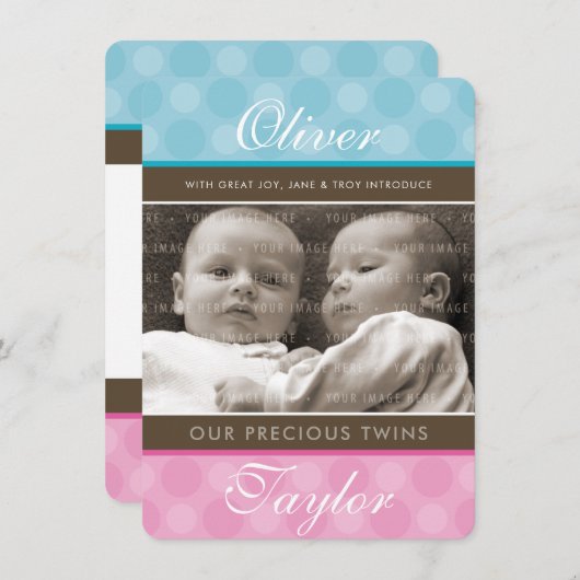 フォトツインズ生誕発表可愛い男の子+女の子 案内状 (正面/裏面)